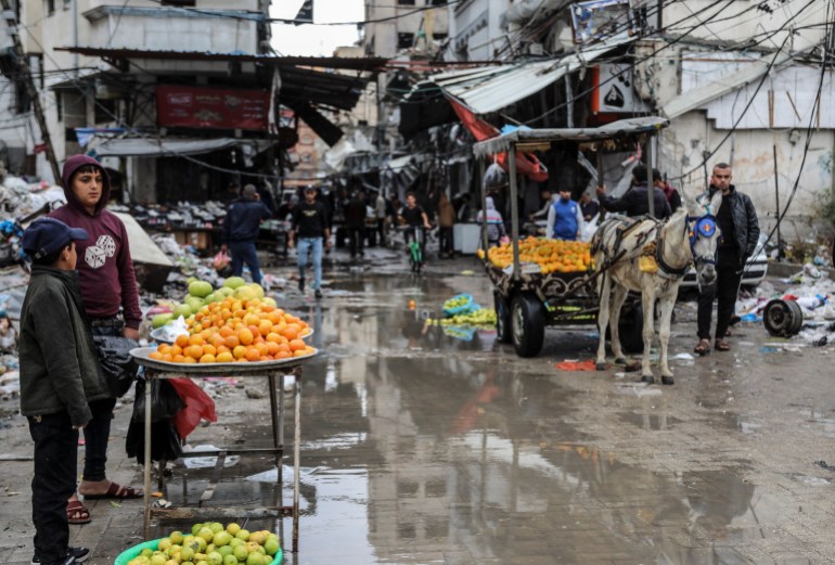 Palestinos vendem frutas na Cidade de Gaza
