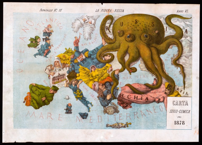 Italian political cartoon shows a map of Europe and the Near East at the end of the Russo-Turkish War, with most countries personified as human figures, the major exception being Russia which is a large octopus, followed by Greece as a crab nibbling at the right arm of 'Turchia' who is being entangled by the tentacles of the octopus. 