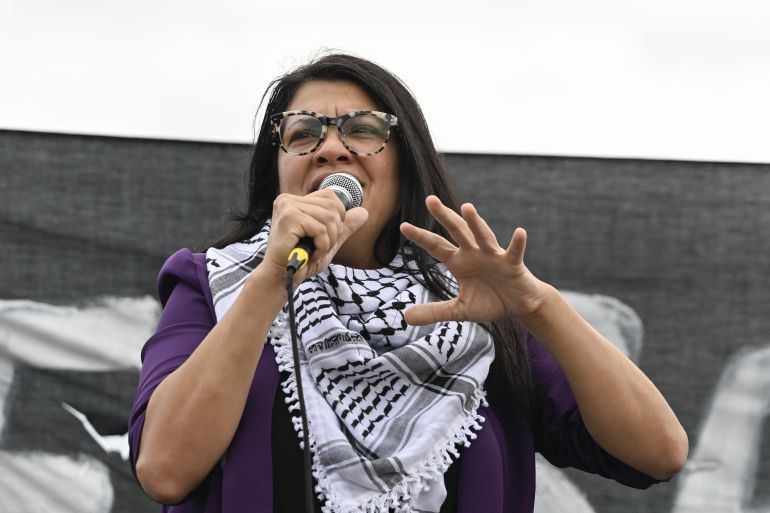 WASHINGTON DC, UNITED STATES - OCTOBER 18: Palestinian descent US Congresswoman Rashida Tlaib takes part in a demonstration organized with the attendance of multiple Jewish groups outside the Capitol Building in Washington DC, United States on October 18, 2023 to advocate for a halt in hostilities in Gaza. (Photo by Celal Gunes/Anadolu via Getty Images)