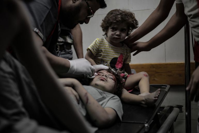 Injured children are seen at a hospital as the Israeli attacks continue on its 32nd day in Deir Al-Balah, Gaza on November 7, 2023.