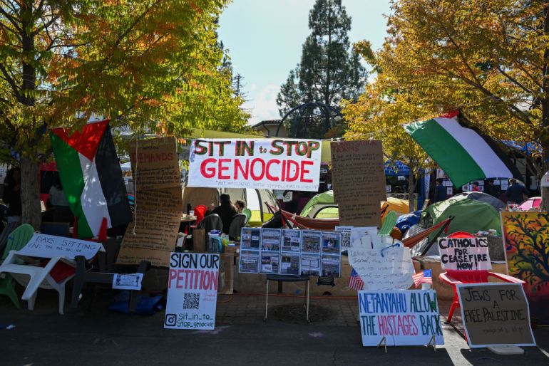 A view of encampment of students who have been sit-in on campus for 19 days at any given time and say they plan to do so until the university meets their demands, calling for the university to condemn Israeli attacks on Gaza, at White Plaza of Stanford University in Stanford, California, United States.