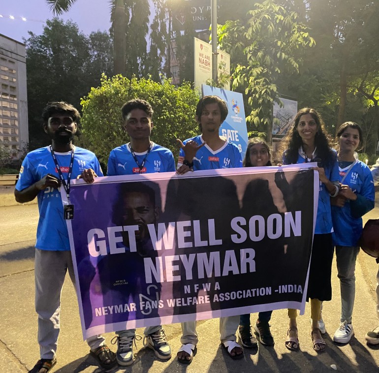 Fans from Kerala in south India traveled to Mumbai for the game, carrying a banner wishing Neymar well