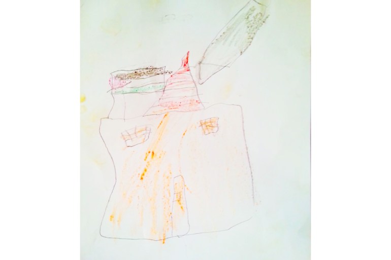 A Palestinian child's drawing showing a house getting stuck by a missile
