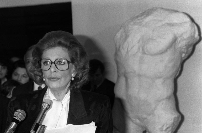 Una foto tomada el 10 de febrero de 1986 de la artista griega y ministra de Cultura Melina Mercouri. 