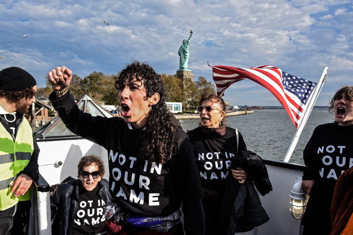 Activists from Jewish Voice for Peace occupy the Statue of Liberty
