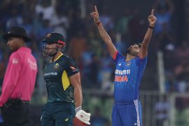 India&#039;s Mukesh Kumar celebrates the wicket of Australia&#039;s Marcus Stoinis during the game [Pankaj Nangia/Getty Images]