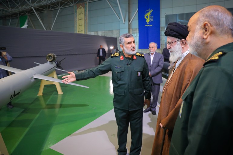 Ayatollah Ali Khamenei shows him speaking during a visit at the IRGC aerospace achievement exhibition in Tehran