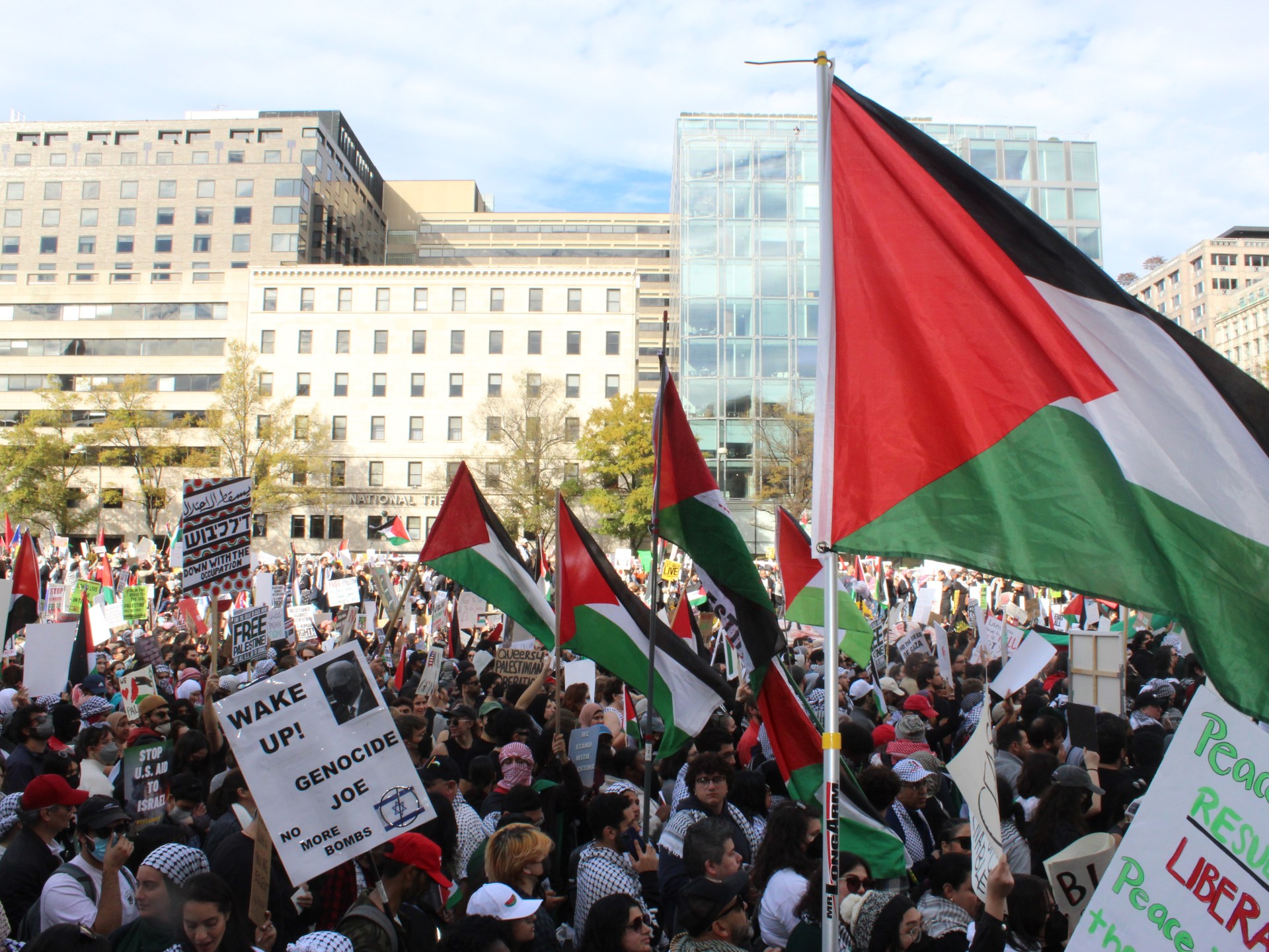 ‘Biden, you can’t hide’: Thousands rally in Washington for Gaza ceasefire