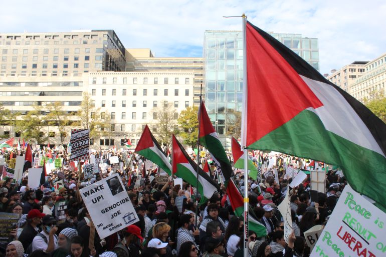 I manifestanti sventolano bandiere palestinesi