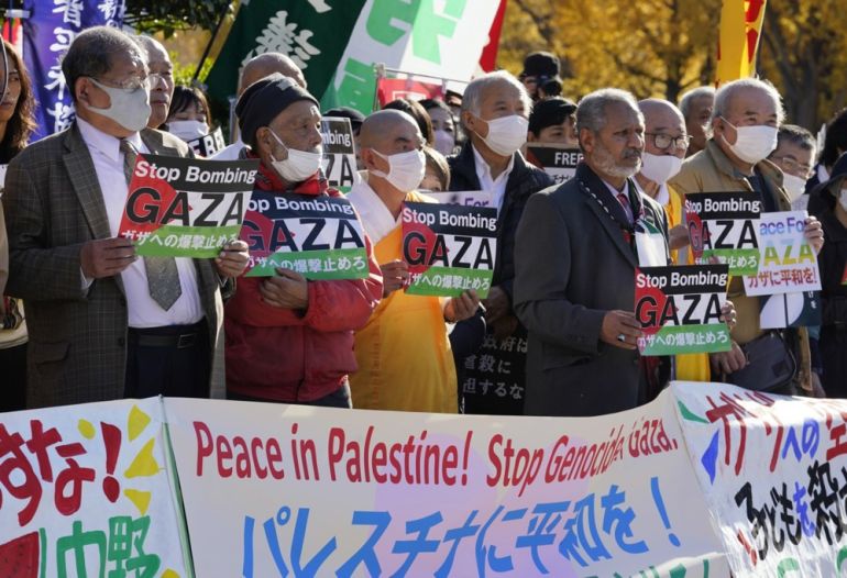 Demonstrators call for a ceasefire and peace in Gaza in front of Japan's parliament in Tokyo