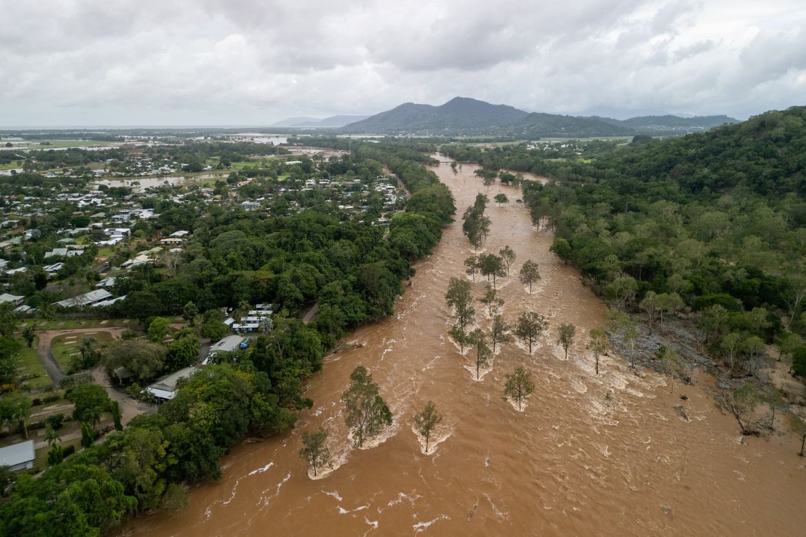 A aerial view of floodwater at Lake Placid in Cairns, Queensland, Australia, 18 December