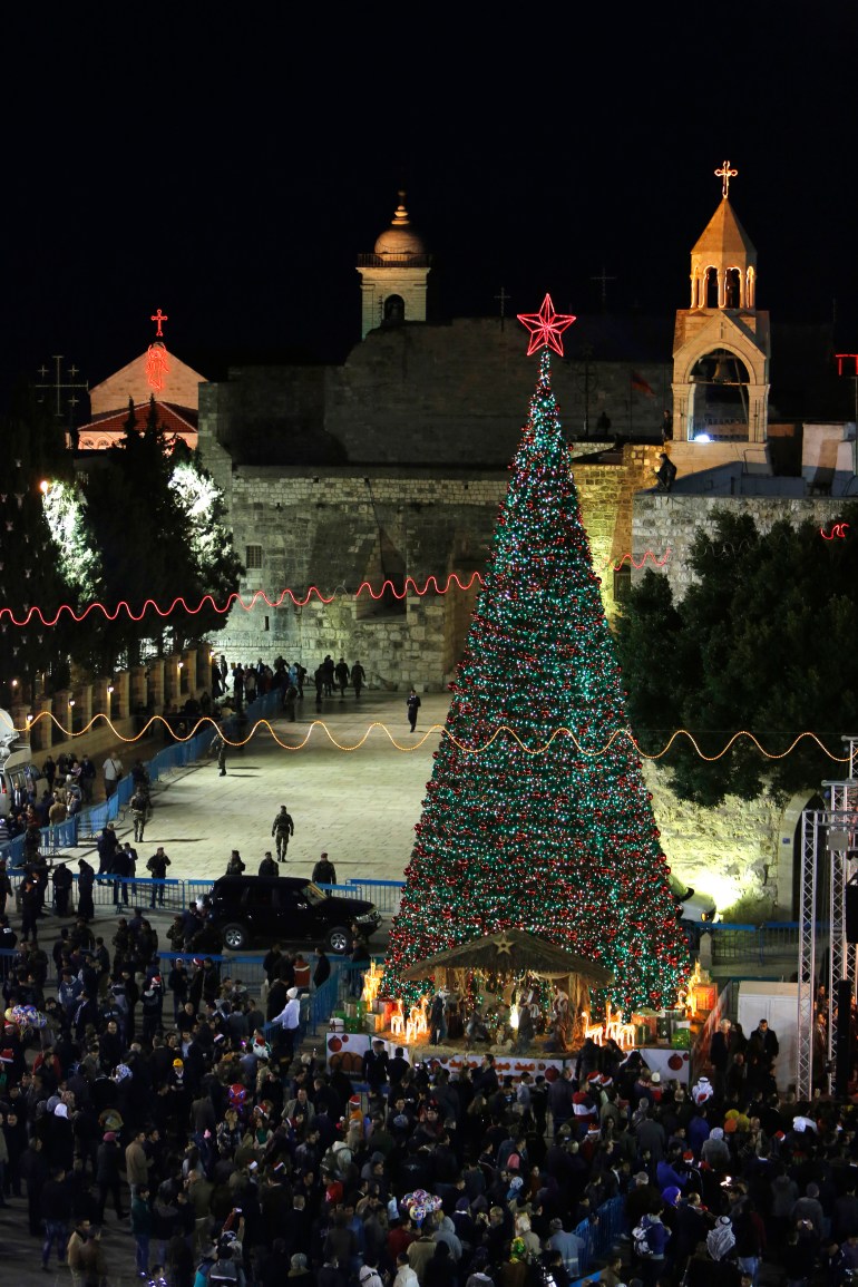 A general view of Manger Square, outside the Church of the Nativity, the site revered as the birthplace of Jesus, is seen on Christmas eve in the West Bank town of Bethlehem.
