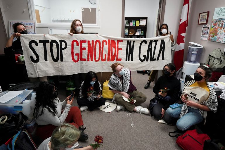 Protesters call for a ceasefire during an occupation of the office of Canada's Deputy Prime Minister Chrystia Freeland