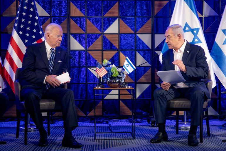 U.S. President Joe Biden, left, meets with Israeli Prime Minister Benjamin Netanyahu, right, to discuss the ongoing conflict between Israel and Hamas,