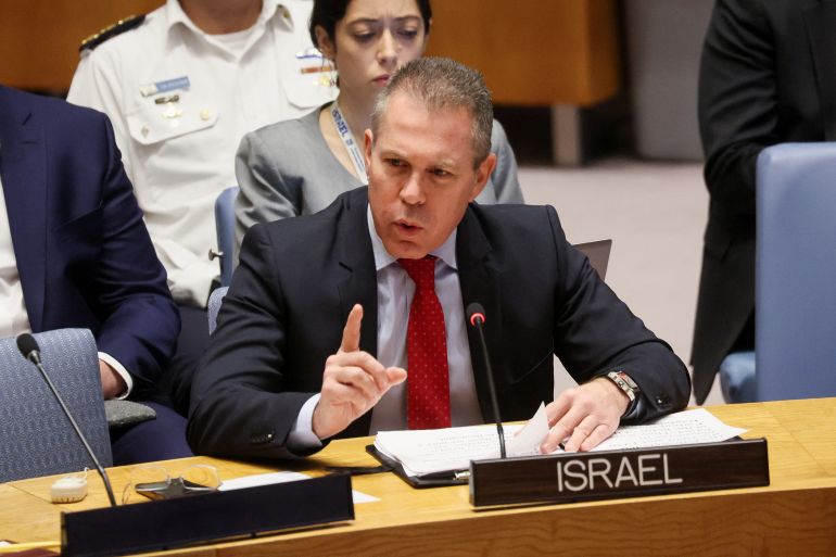 Israeli ambassador to the UN Gilad Erdan attends a United Nations Security Council meeting on the conflict between Israel and Hamas, in New York City, New York, U.S., November 29