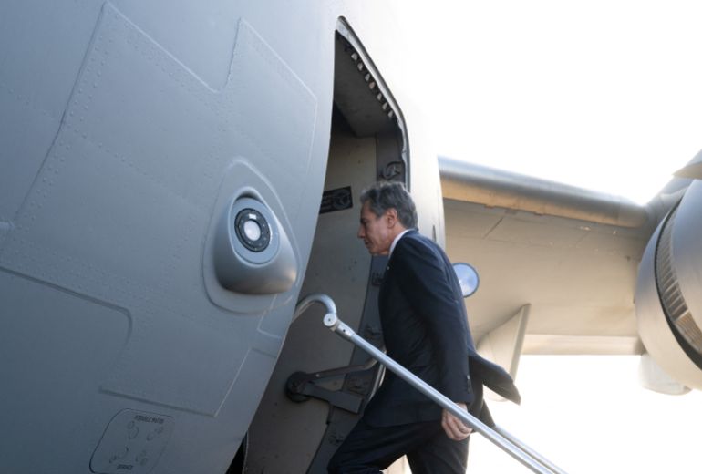 U.S Secretary of State Antony Blinken boards a U.S military airplane prior to departure from Ben Gurion Airport in Tel Aviv, Israel, 