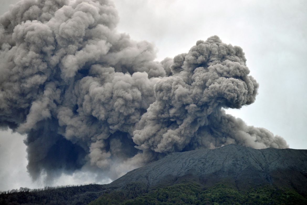 Mount Marapi volcano spews volcanic ash as seen from Nagari Batu Palano in Agam, West Sumatra province
