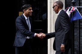 FILE PHOTO: British Prime Minister Rishi Sunak shakes hands with Rwandan President Paul Kagame at Downing Street in London, Britain May 4, 2023. REUTERS/Henry Nicholls/File Photo