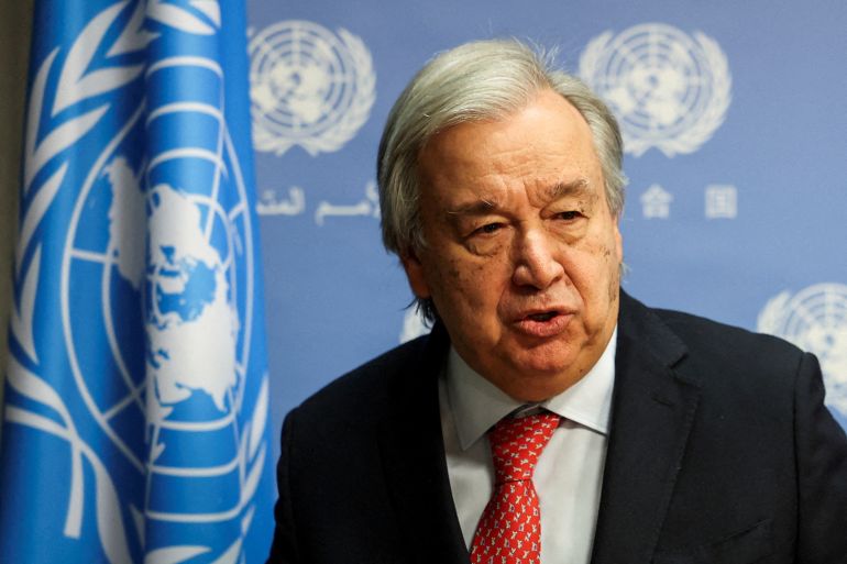 United Nations Secretary-General Antonio Guterres speaks at the United Nations before a meeting about the conflict in Gaza, at the United Nations Headquarters in New York City, U.S., November 6