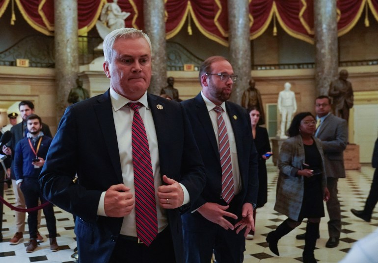 U.S. House Oversight Committee chair Rep. James Comer (R-KY) walks after paticipating in a media availability following a successful vote to formalize an impeachment inquiry