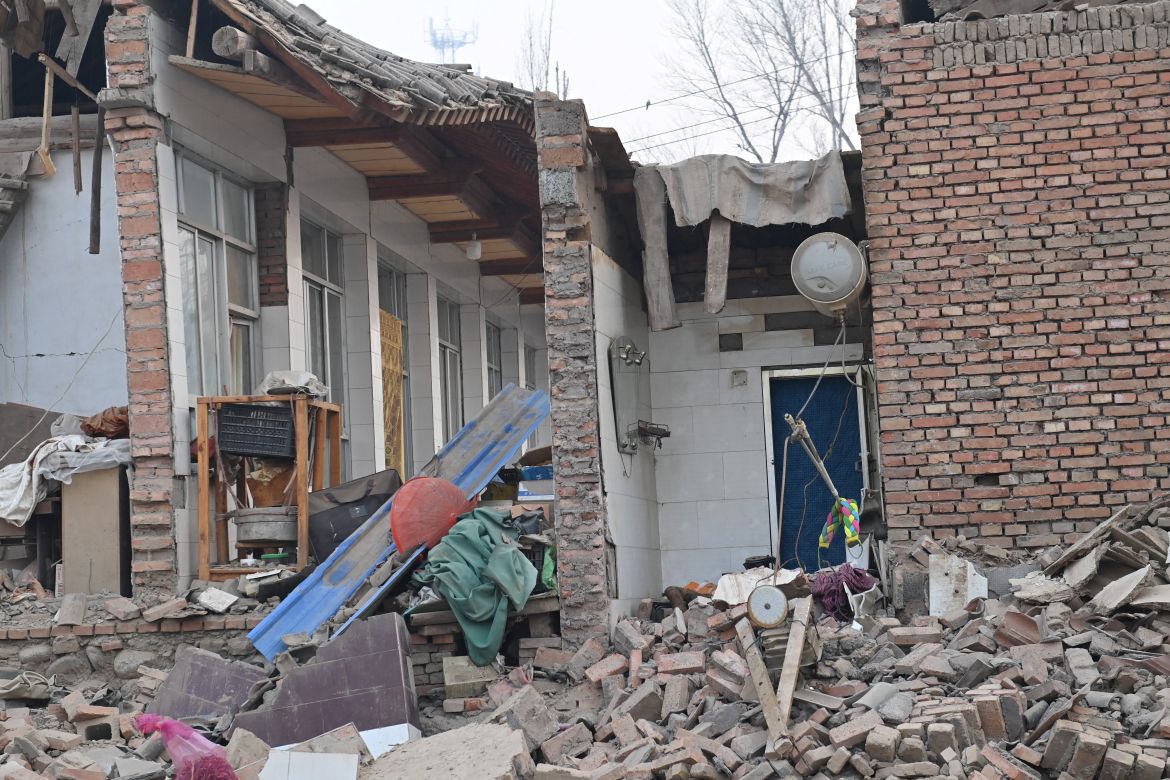 A view of rubble and damaged buildings at Dahejia town