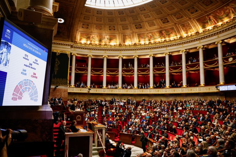 The screen in the French parliament showing votes for and against and the winning margin