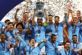 Manchester City celebrate winning the Champions League
