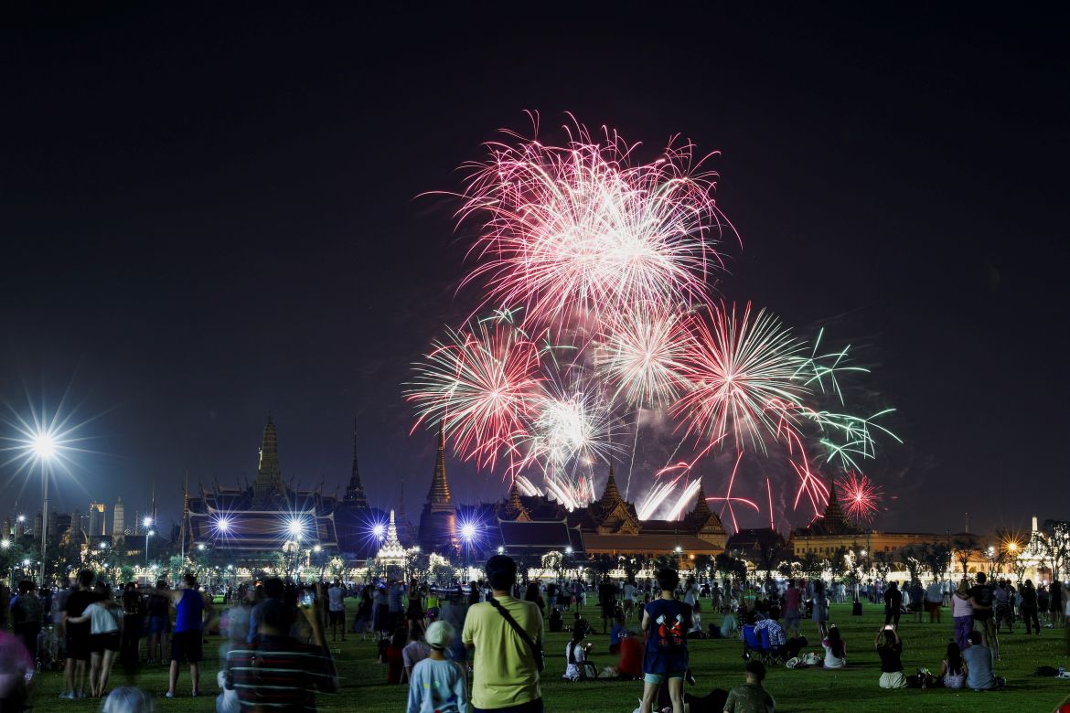 Fireworks explode over the Grand Palace during the New Year celebrations, in Bangkok, Thailand, January 1, 2024.