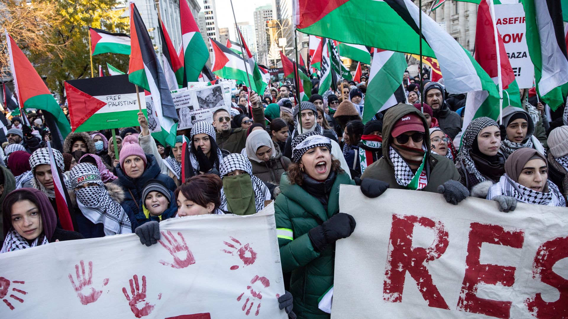 Demonstrators demand a Gaza ceasefire during a rally in Montreal, Canada