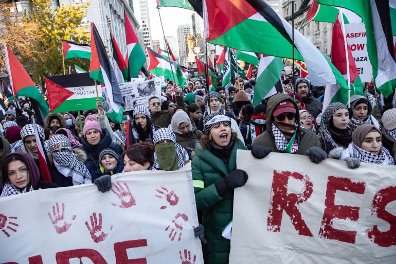 Demonstrators demand a Gaza ceasefire during a rally in Montreal, Canada