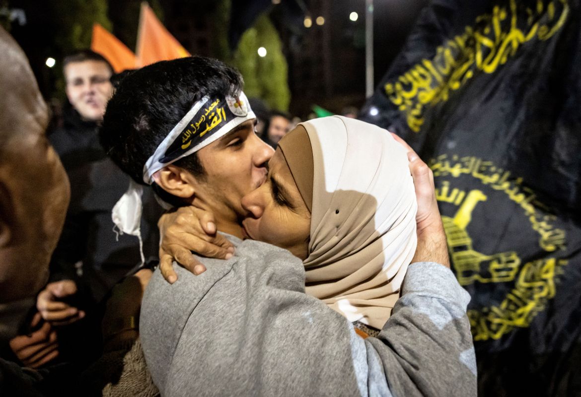 A Palestinian prisoner reacts after being released from an Israeli jail in exchange for Israeli hostages released by Hamas from the Gaza Strip.