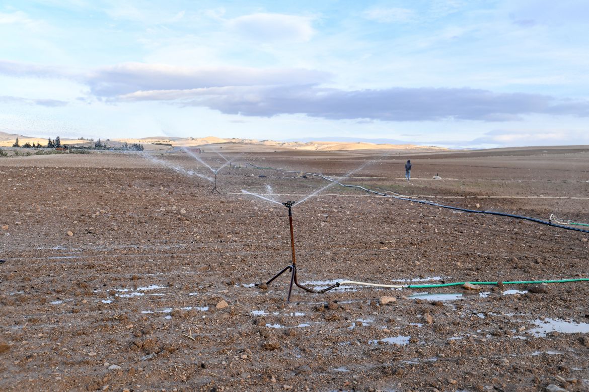 Automatic sprinklers irrigate a field with water from the Siliana wastewater treatment plant in northern Tunisia.