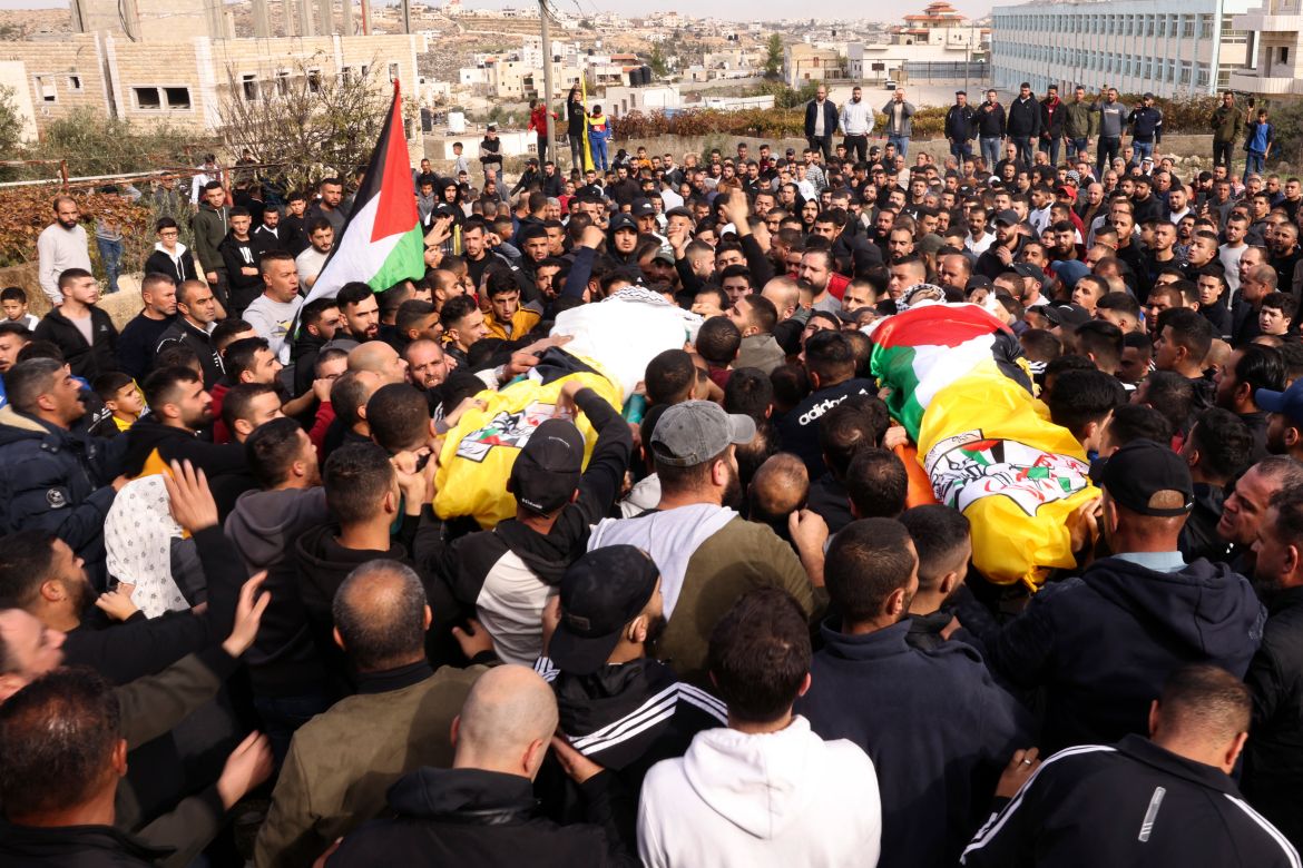 Palestinian mourners walk in the funeral procession of Anas and Mohammed al-Froukh, who were fatally shot during a raid by Israeli troops the previous night on Sair, east of Hebron, before their burial in the southern West Bank village on December 5.