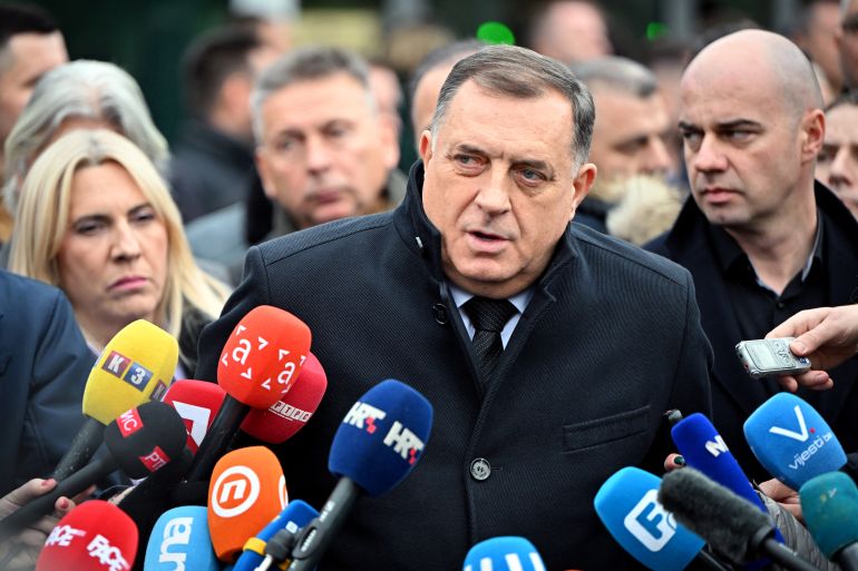 Bosnian Serb leader Milorad Dodik delivers a statement to journalists gathered in front of the courthouse of Bosnia-Herzegovina in Sarajevo on December 6, 2023. - Dodik has been indicted for refusing to recognise rulings made by an international envoy charged with overseeing the country's landmark peace accords