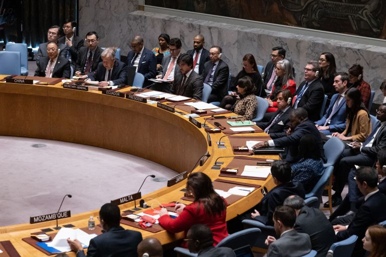 A general view shows a United Nations Security Council meeting on Gaza, at UN headquarters in New York City on December 8