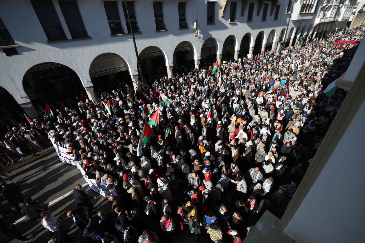 Moroccans protest in Rabat on December 10, 2023 in solidarity with the Palestinians amid Israel's relentless bombardment of the Gaza Strip.