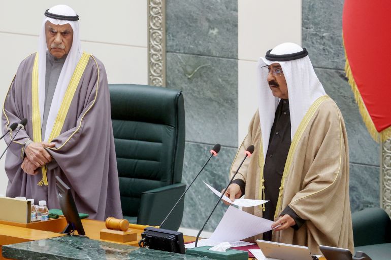 Kuwait's new emir Sheikh Meshal al-Ahmad al-Sabah delivers a speech as he swears in before lawmakers as the country's 17th ruler, at the Kuwaiti parliament, on December 20, 2023 in Kuwait City. (Photo by YASSER AL-ZAYYAT / AFP)