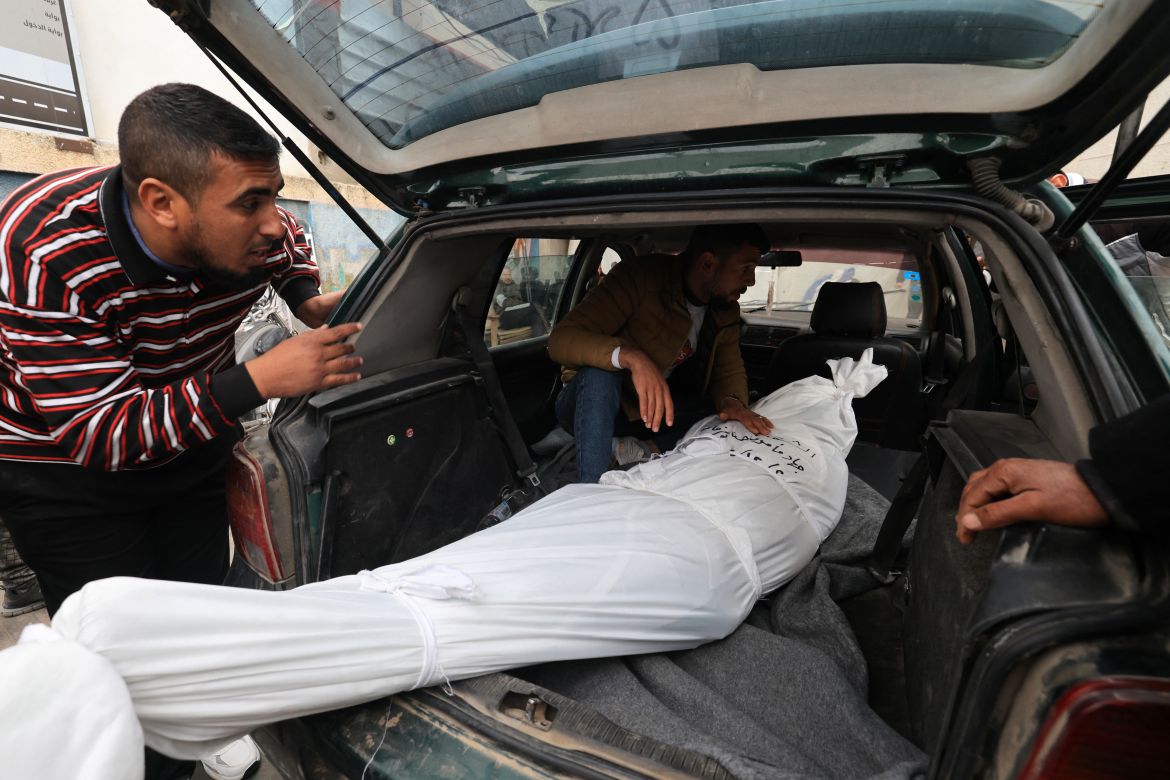 Men transport the body of Jehad Arafat, who was killed in Israeli bombardment, from the Najjar hospital in Rafah, in the southern Gaza Strip.