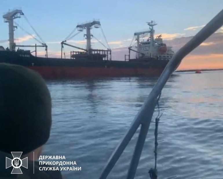 The cargo ship damaged after it hit a Russian mine in the Black Sea