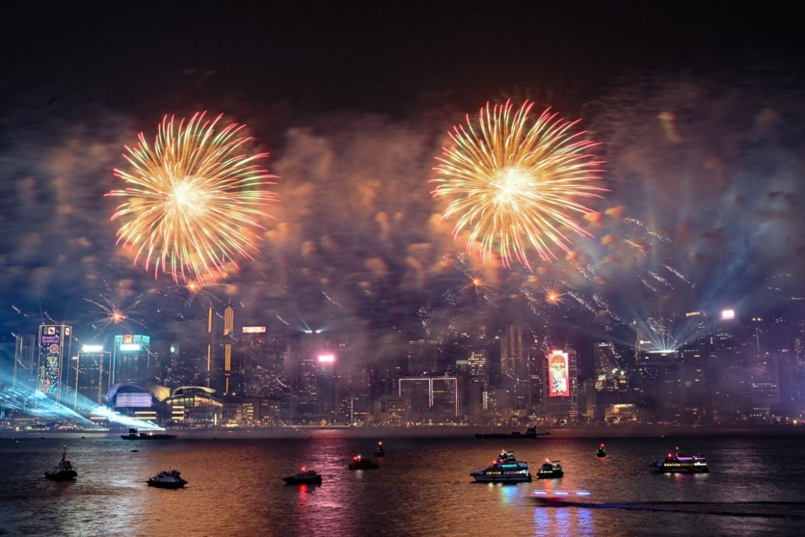 Fireworks explode over Victoria Harbour to celebrate the New Year in Hong Kong on January 1, 2024.