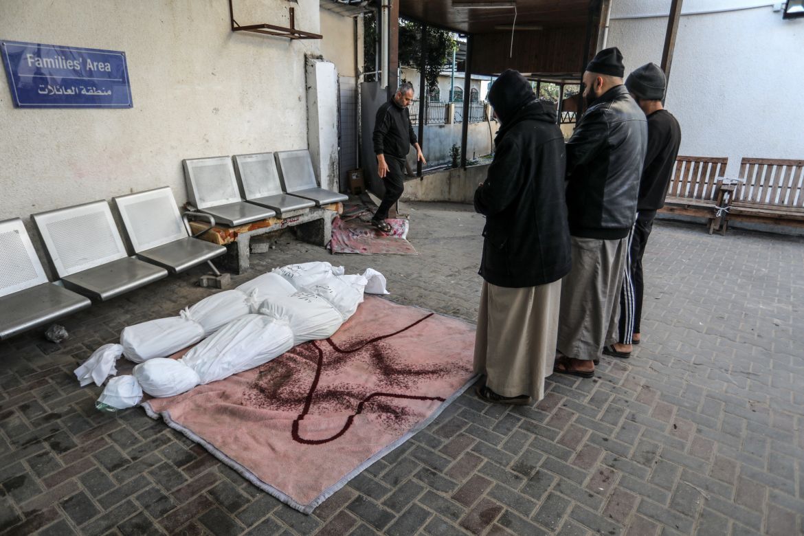 Palestinians perform funeral prayer at Nasser Hospital after their relatives lost their lives in Israeli attacks in Rafah, Gaza on December 17