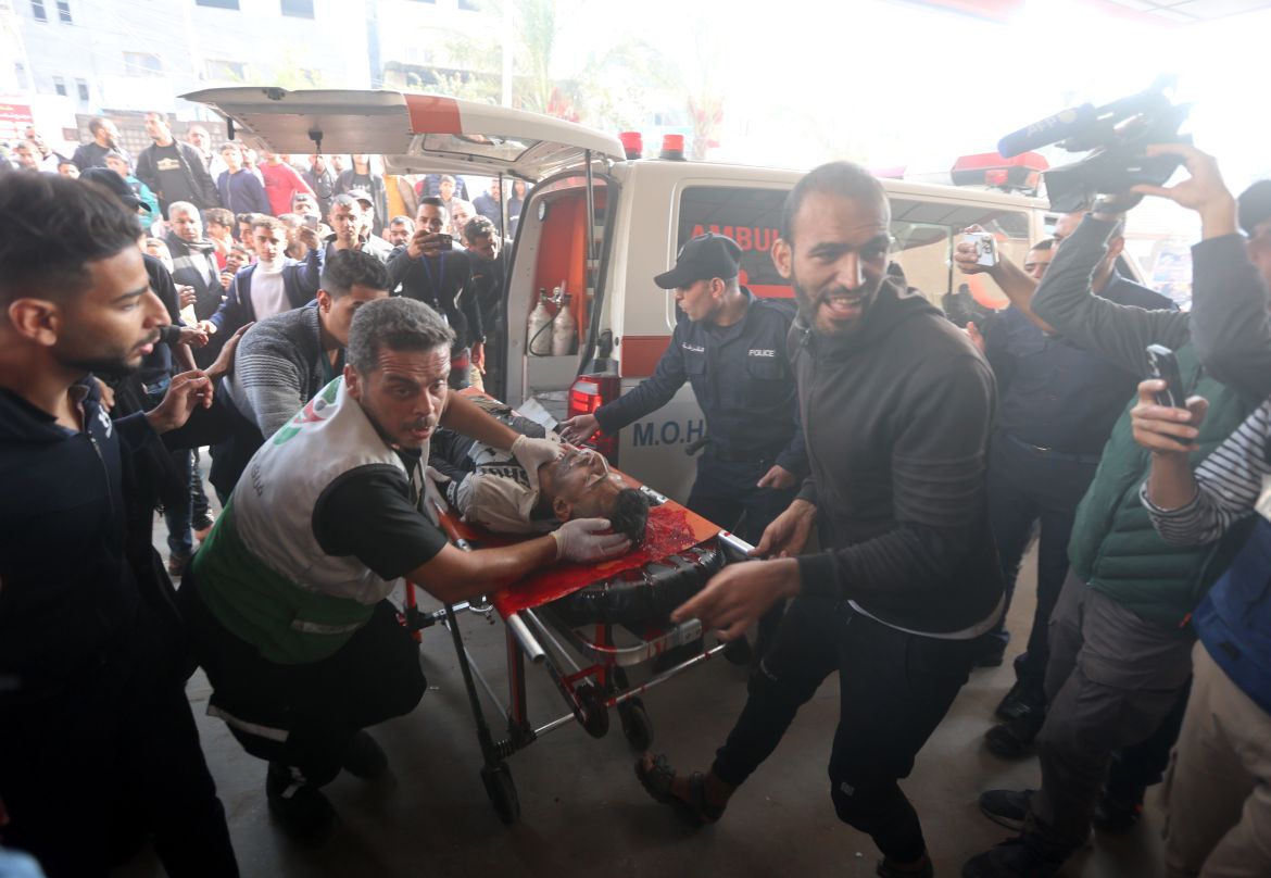 Injured Palestinians, including children, are brought to Nasser Hospital to receive medical treatment following Israeli attacks in Khan Yunis, Gaza.