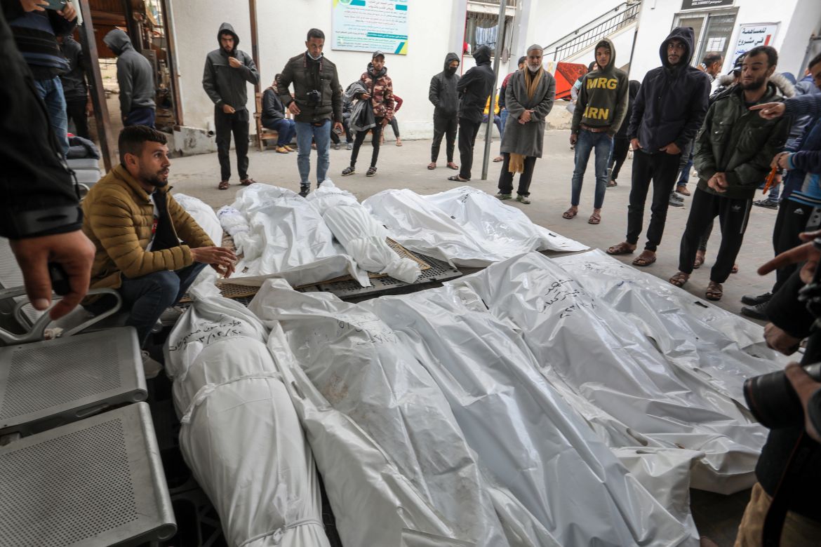Relatives of the Palestinians killed during the Israeli attacks mourn as the bodies are taken from the morgue of the El-Najar Hospital for burial in Rafah.