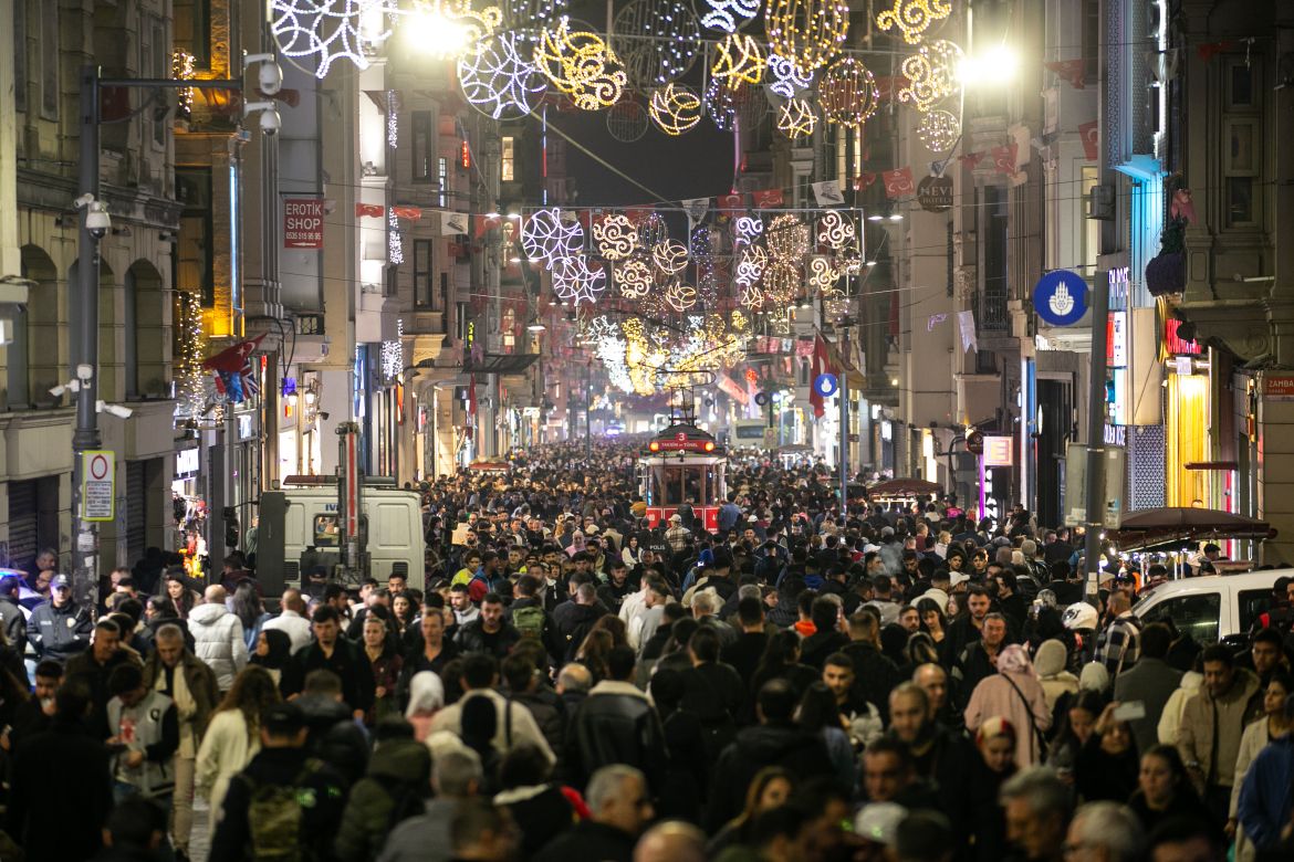 Istiklal Avenue is packed with people ahead of new year celebrations at Taksim in Istanbul, Turkiye on December 31, 2023.