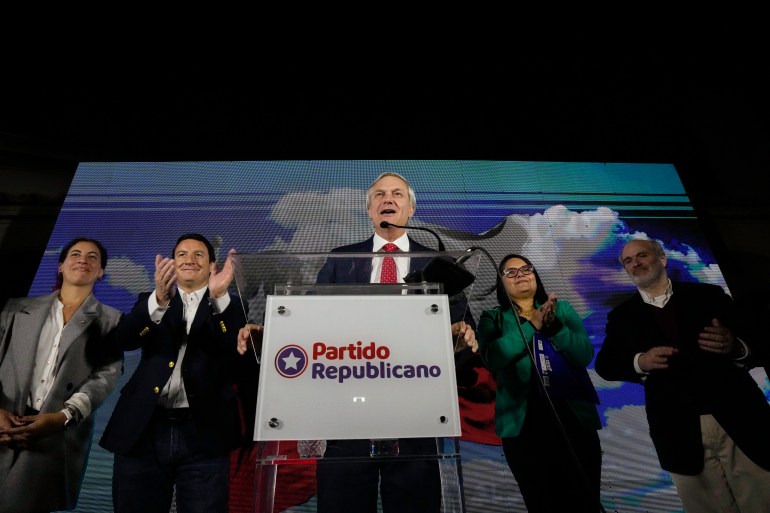 José Antonio Kast, dressed in a dark suit and red tie, stands behind a podium that reads, "Partido Republicano."