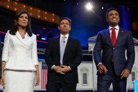 Republican presidential hopefuls Nikki Haley, Ron DeSantis and Vivek Ramaswamy are among the candidates returning to the debate stage on December 6 [File: Wilfredo Lee/AP Photo]