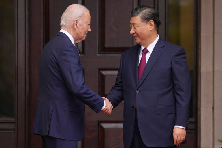President Joe Biden greets China’s President President Xi Jinping at the Filoli Estate in Woodside, Calif., Wednesday, Nov, 15, 2023, on the sidelines of the Asia-Pacific Economic Cooperative conference. (Doug Mills/The New York Times via AP, Pool)