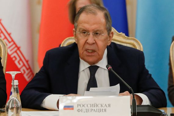 Russian Foreign minister Sergey Lavrov speaks at the annual meeting of the Caspian Sea littoral states foreign ministers in Moscow, Russia, Tuesday, Dec. 5