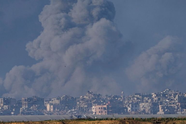 Smoke rises following an Israeli bombardment in the Gaza Strip, as seen from southern Israel , Wednesday, December 6, 2023