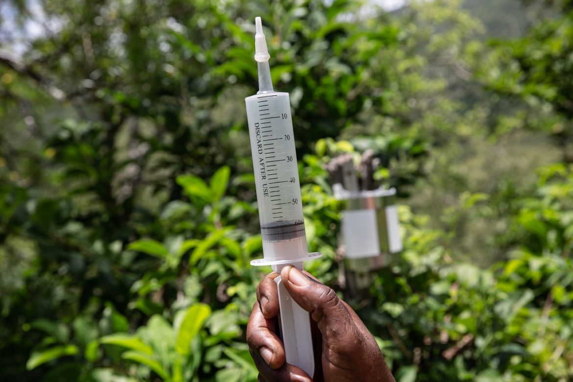 Tidorah uses a large garden syringe to measure rainfall from a small plastic container placed in her garden. She is part of an important mission to strengthen the climate and weather data for East Africa.